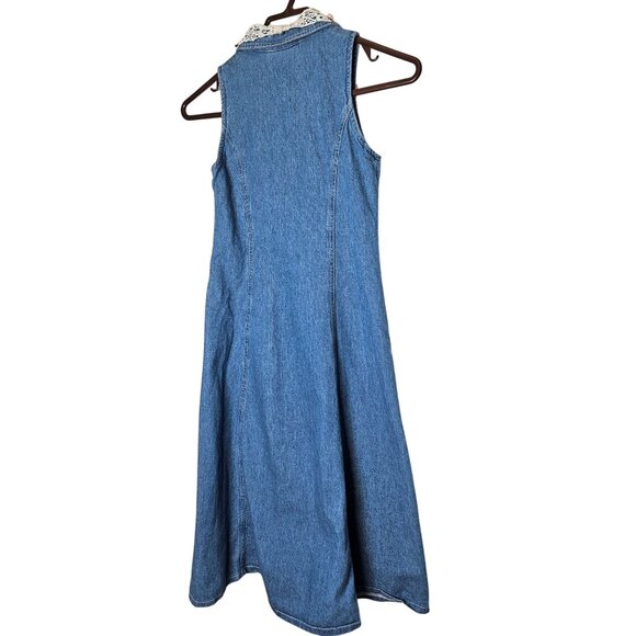 Vintage Storybook Heirloom Childs Denim Midi Dress Lace Collar Floral USA Size 8 - Picture 2 of 11